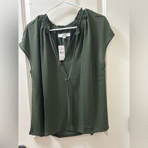 LOFT Green Cap Sleeve Tie Front Blouse